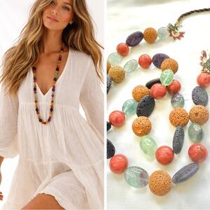 NWT Bohemian Natural Stone & Lava Beads  Handcrafted Necklace with Lace Accents